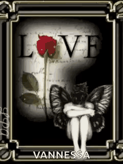 a picture of a fairy sitting next to a red rose with the word love on it .