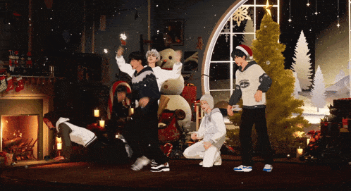 a group of people are dancing in front of a fireplace and a christmas tree