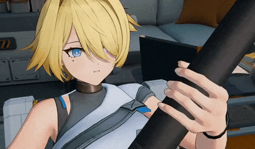 a girl with blonde hair and blue eyes is holding a black tube