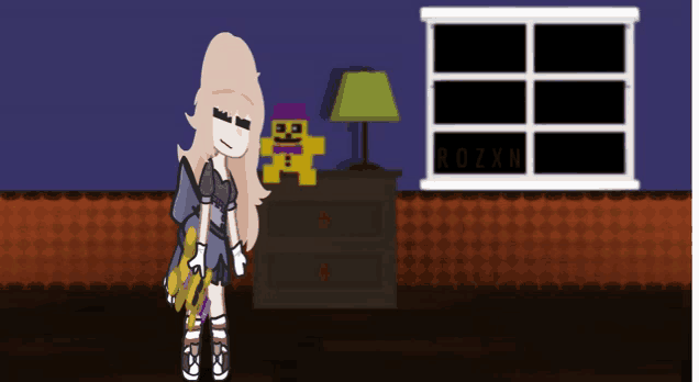 a drawing of a girl standing in front of a window with the name rozxn on it