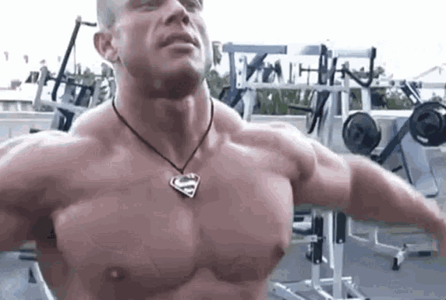 a shirtless man wearing a superman necklace is lifting weights in a gym .