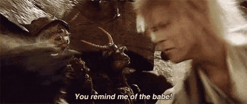 a man is talking to a goat with horns in a cave and says `` you remind me of the babe ! ''