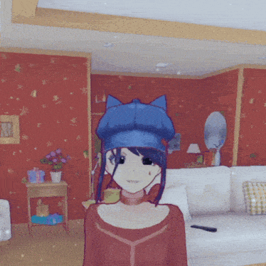a cartoon character wearing a blue hat with cat ears