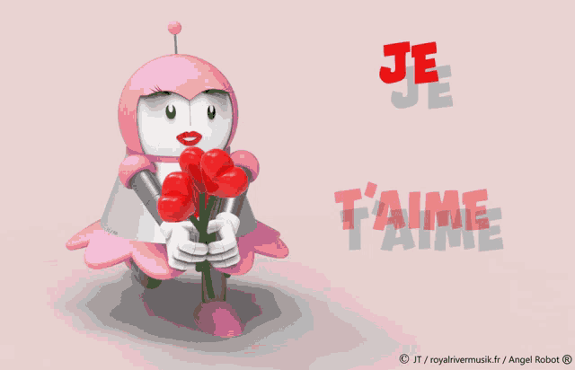a pink robot is holding a bouquet of red flowers in front of a sign that says t'aime