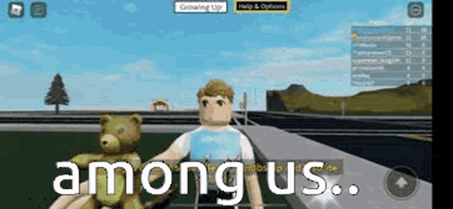 a boy is holding a teddy bear in a video game called among us .