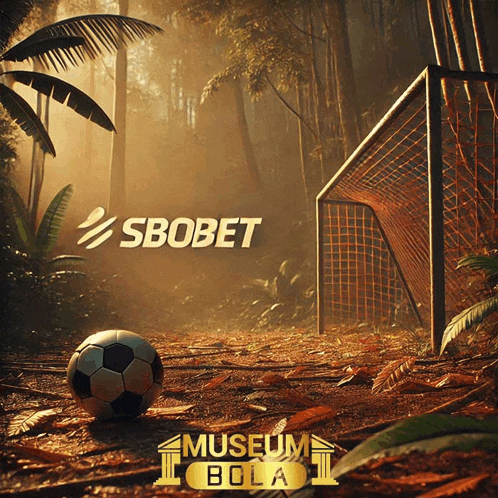 a soccer ball is in the middle of a forest with a soccer goal in the background and a museum bola logo below it