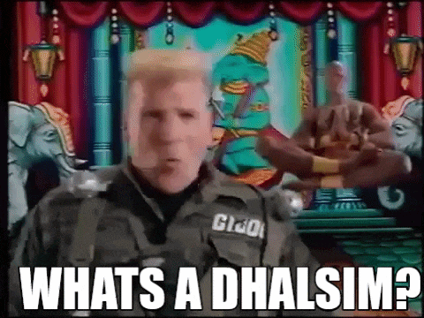 a man in a gi joe uniform is standing in front of a painting and says what 's a dhalsim .