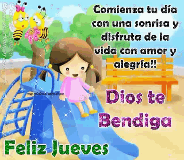 a girl is sitting on a slide with the words feliz jueves in spanish .