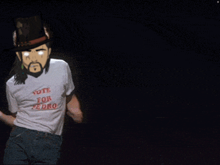 a man wearing a white shirt that says vote for pedro is dancing