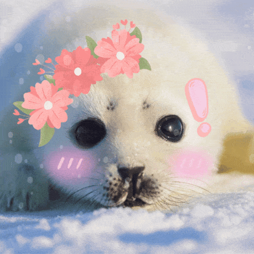 a seal with pink flowers on its head and a pink exclamation mark