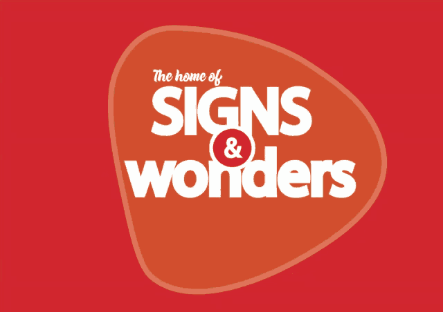 a logo for the home of signs & wonders on a red background