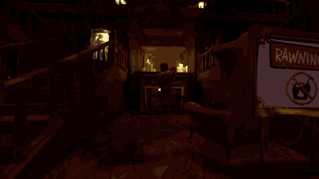 a sign that says rawning on it is in a dark room