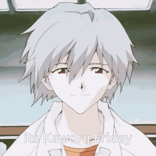 a close up of a person 's face with the words " it 's kaworu friday " on the bottom