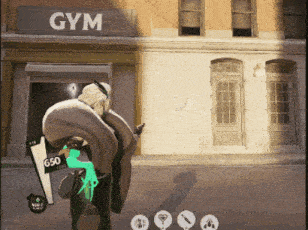 a video game character is standing in front of a gym building