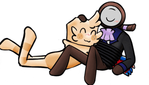 a cartoon drawing of a cat and a man with a magnifying glass on their head
