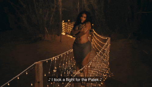 a woman is standing on a bridge with the words " i took a flight for the patek "