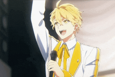 a yellow haired anime character is singing into a microphone .