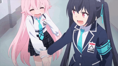 a girl with a badge that says i on it stands next to another girl