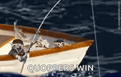 two cats are fishing in a boat with the words quoppers win written on the bottom .