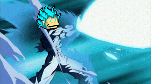 a pixel art of a man with blue hair