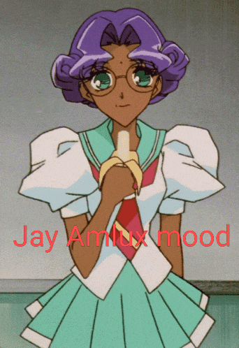 a girl with purple hair and glasses is holding a banana and the words jay amlux mood are visible behind her