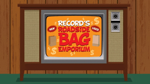 a record 's roadside bag emporium sign is on a television