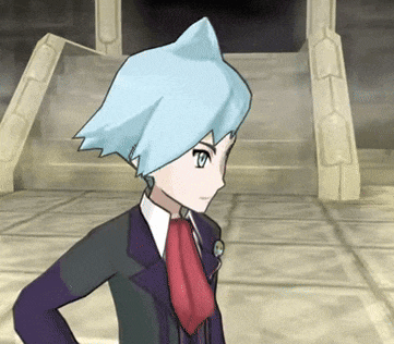 a cartoon character with blue hair and a red tie is standing in front of stairs