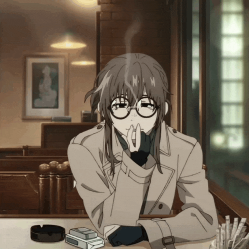 a person sitting at a table smoking a cigarette with a pack of cigarettes in front of them