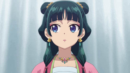 a girl with green hair and blue eyes is wearing a pink dress