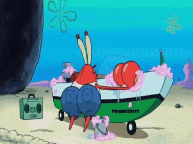 a cartoon character from spongebob squarepants is washing his butt in a green boat