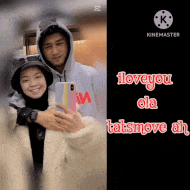 a man and a woman are taking a selfie with the words love you ola tatsmove ah below them