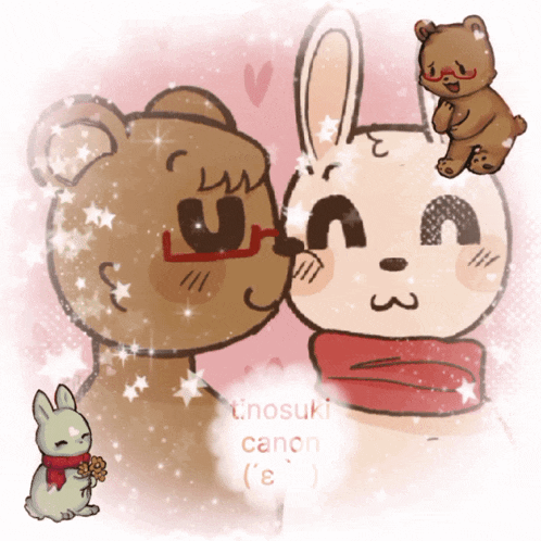 a drawing of a teddy bear and a rabbit with the name tinosuki canon on the bottom right