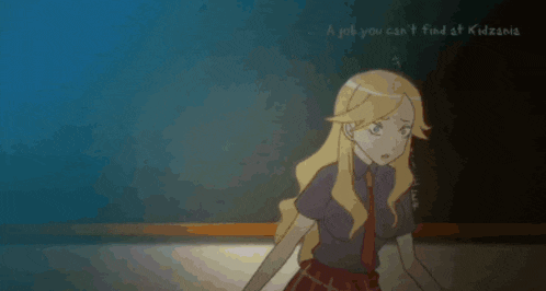 a girl with blonde hair stands in front of a blackboard with the words a job you can 't find at kidzania