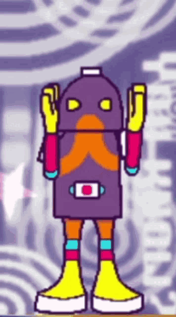 a cartoon character with a bottle on his head is standing in front of a purple background