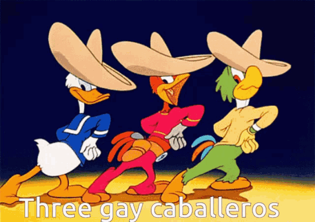 three cartoon characters are standing next to each other with the words three gay caballeros below them