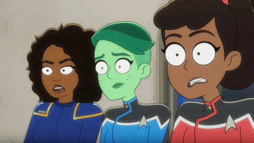 three cartoon characters are standing next to each other and one of them has a green haircut