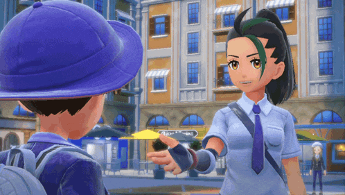 a boy in a purple hat talks to a girl in a blue shirt