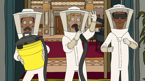 three cartoon characters wearing bee suits are holding a vacuum cleaner