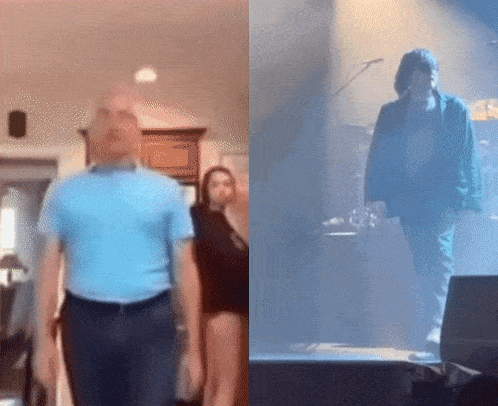 a man in a blue shirt is walking in a living room and a man in a black jacket is walking on a stage .