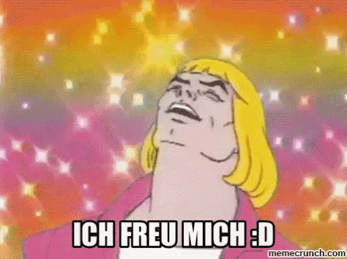 a cartoon character is making a funny face and says ich frei mich d