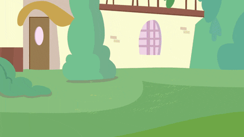 a rainbow dash pony stands in front of a building