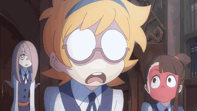 a cartoon of a girl with glasses making a funny face