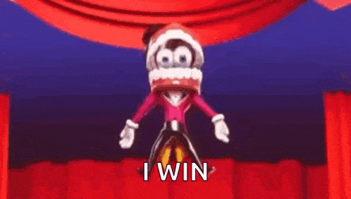 a cartoon character is jumping in the air with the words `` i win '' written below him .