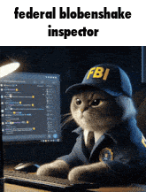 a cat dressed as a federal blobenshake inspector is sitting in front of a computer