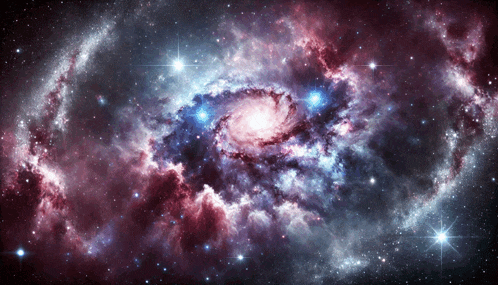 a purple and blue galaxy with a spiral galaxy in the center