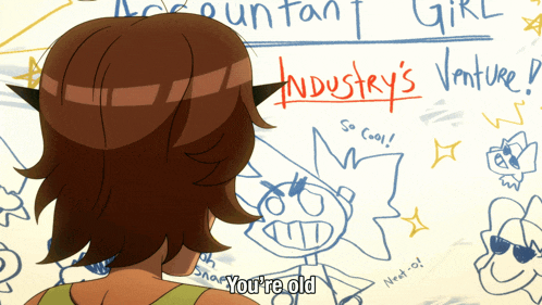 a woman is looking at a drawing of an accountant girl with the words industry 's venture written in red