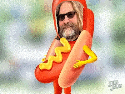 a cartoon of a man in a hot dog costume