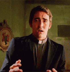 a man in a suit and a priest collar is making a surprised face .