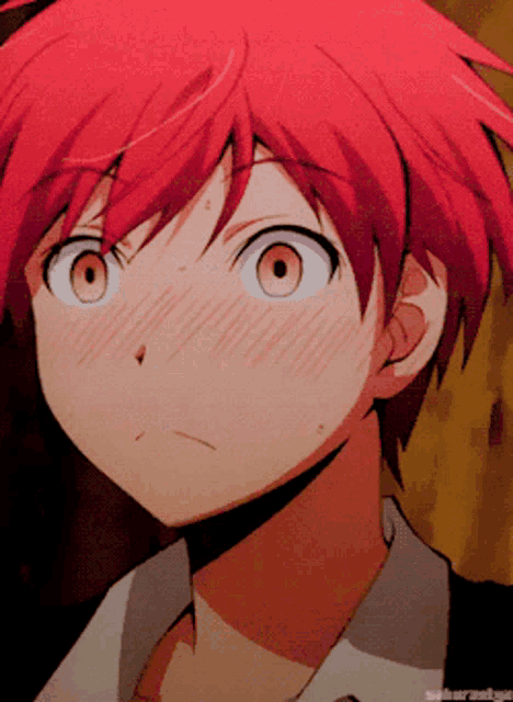 a close up of a red haired anime character with a smirk on his face