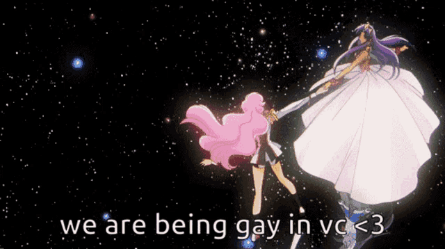 a picture of two anime characters with the words we are being gay in vc < 3 below them